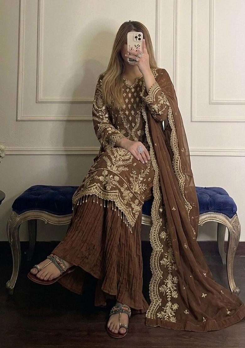 Brown Embroidery Georgette Kurta Set - Indya