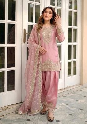 Pink Embroidery Silk Kurta Set