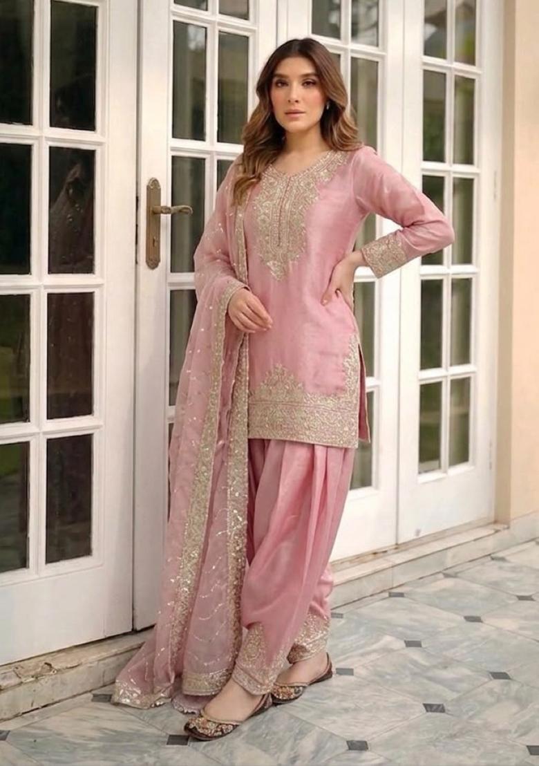 Pink Embroidery Silk Kurta Set - Indya