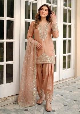 Orange Embroidery Silk Kurta Set