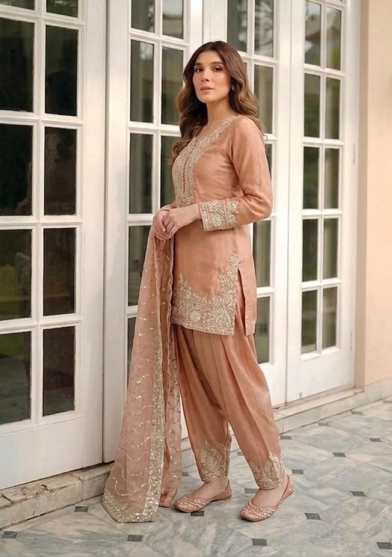 Orange Embroidery Silk Kurta Set - Indya