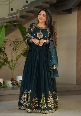 Navy Blue Zari Work Georgette Anarkali With Dupatta
