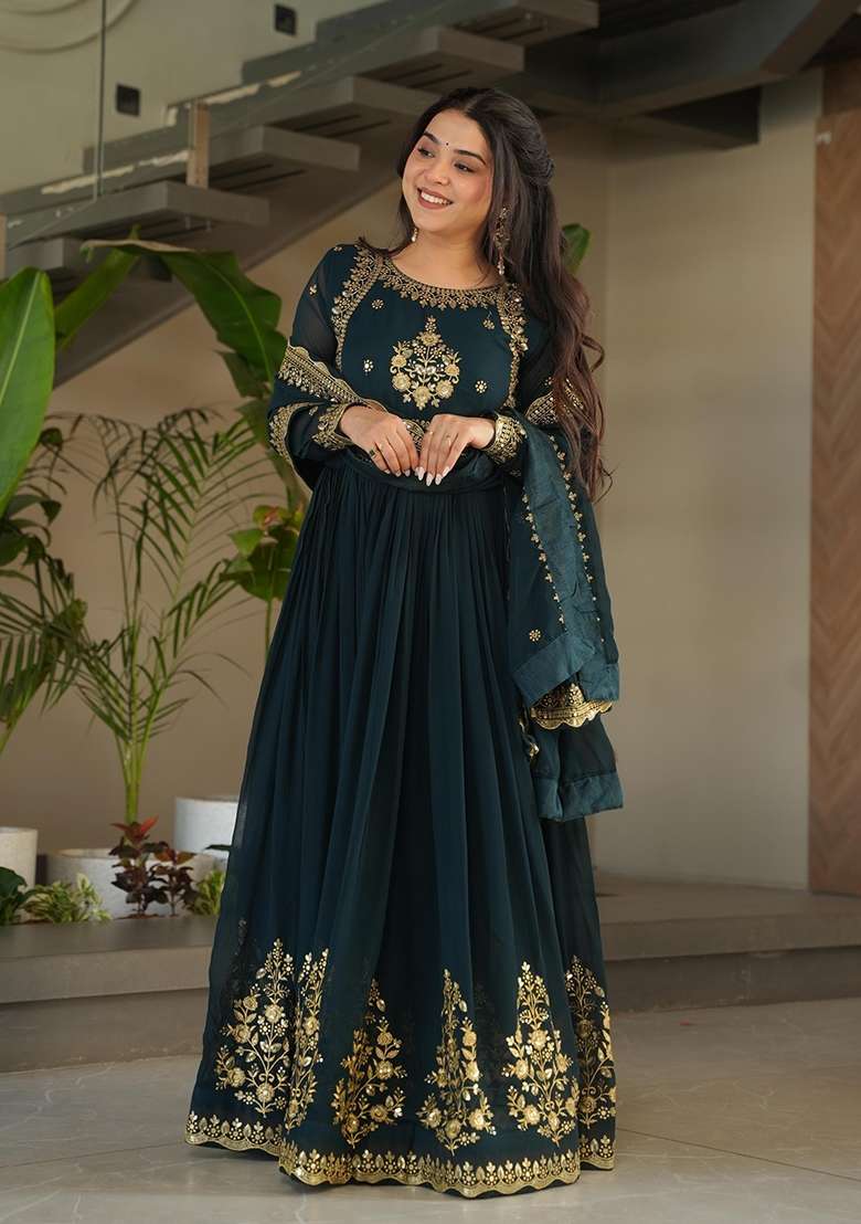 Navy Blue Zari Work Georgette Anarkali With Dupatta - Indya