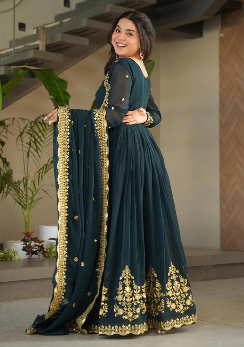 Navy Blue Zari Work Georgette Anarkali With Dupatta - Indya