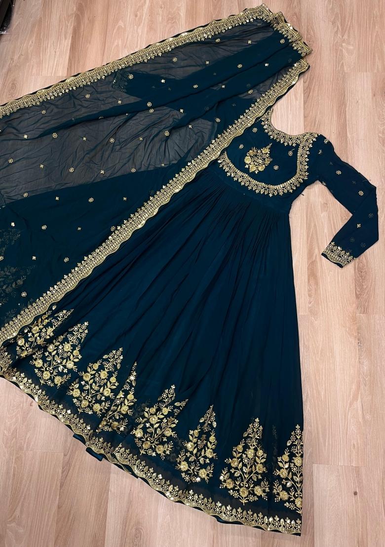Navy Blue Zari Work Georgette Anarkali With Dupatta - Indya