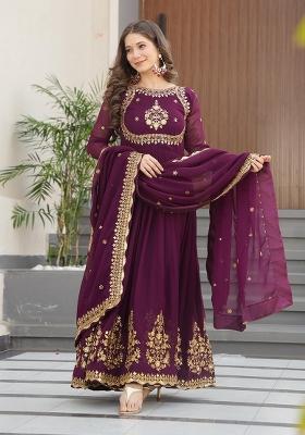Purple Zari Work Georgette Anarkali With Dupatta