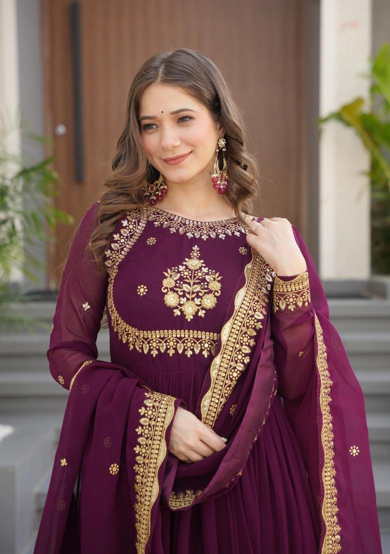 Purple Zari Work Georgette Anarkali With Dupatta - Indya