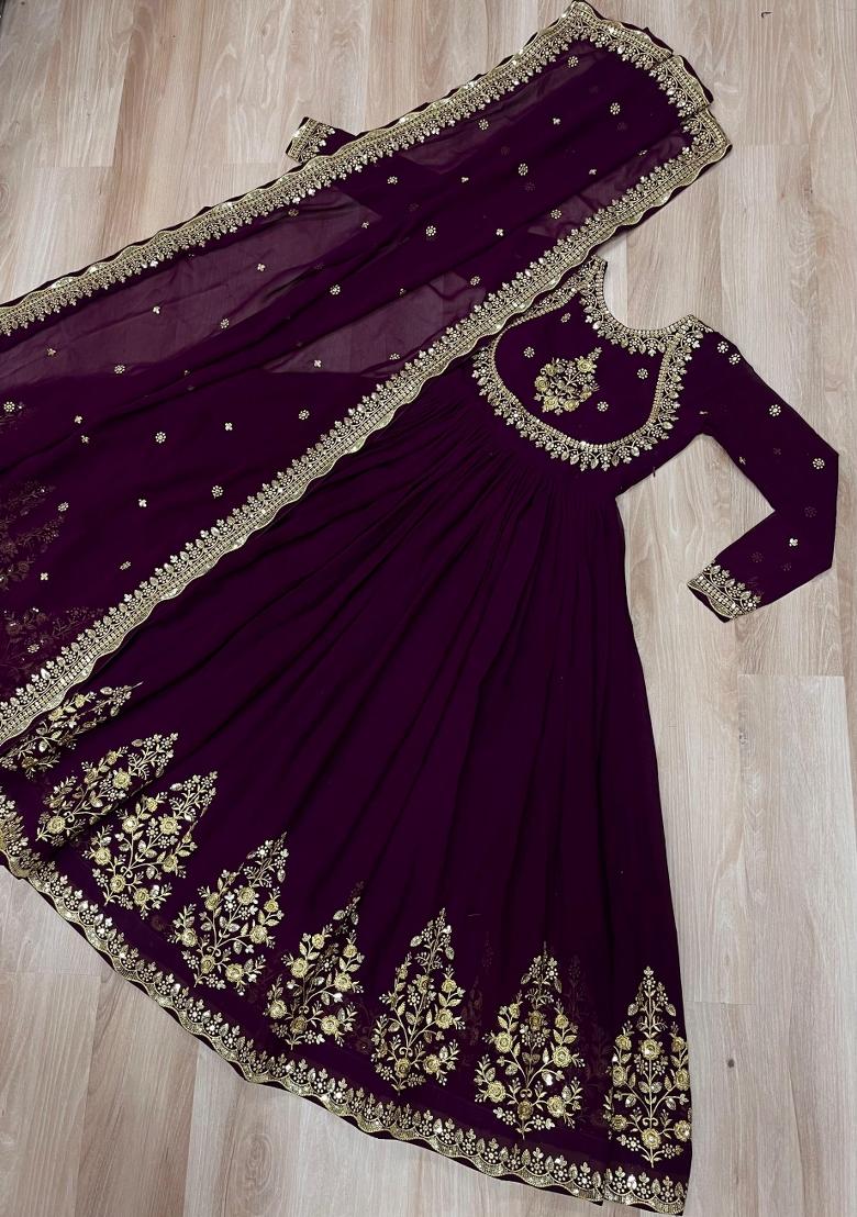 Purple Zari Work Georgette Anarkali With Dupatta - Indya