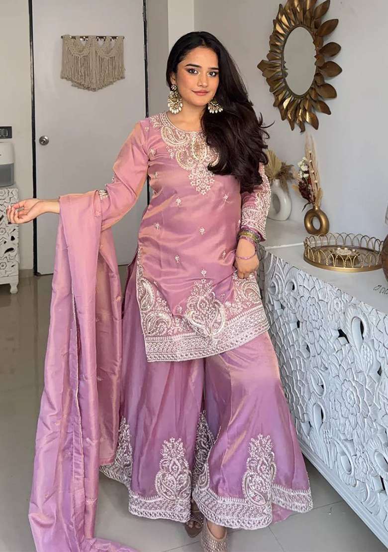 Lavender Embroidery Silk Salwar Suit - Indya