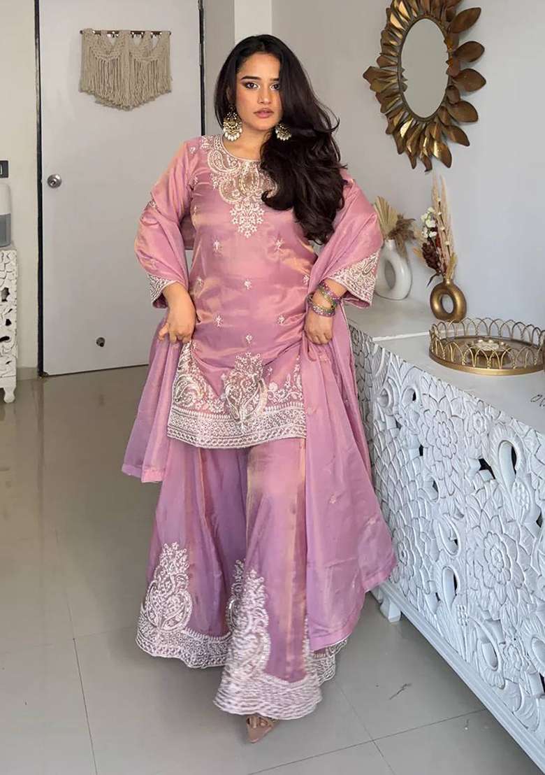 Lavender Embroidery Silk Salwar Suit - Indya
