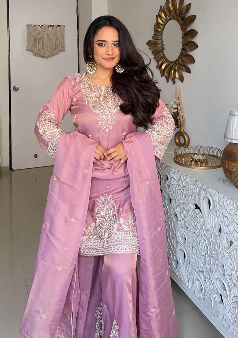 Lavender Embroidery Silk Salwar Suit - Indya