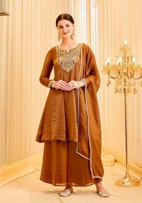 Brown Embroidery Silk Salwar Suit