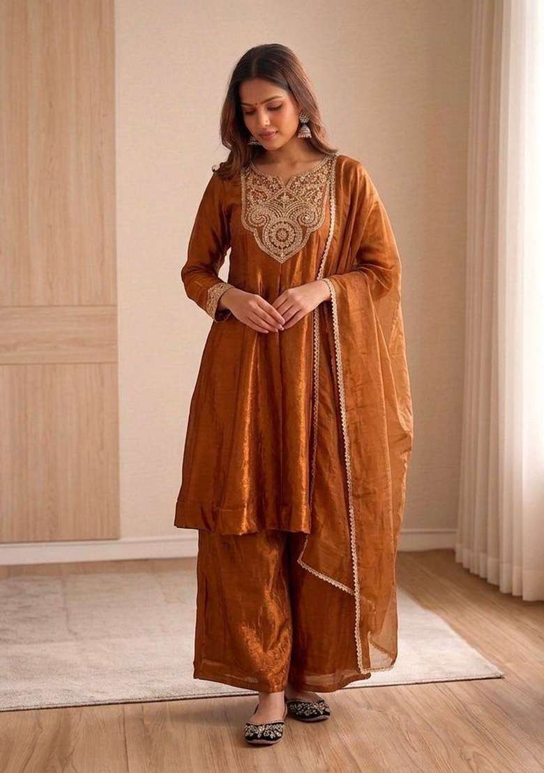 Brown Embroidery Silk Salwar Suit - Indya