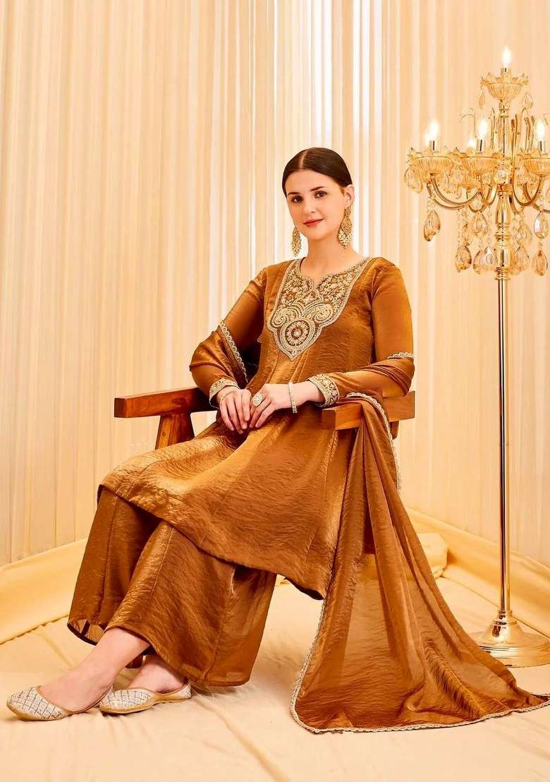 Brown Embroidery Silk Salwar Suit - Indya