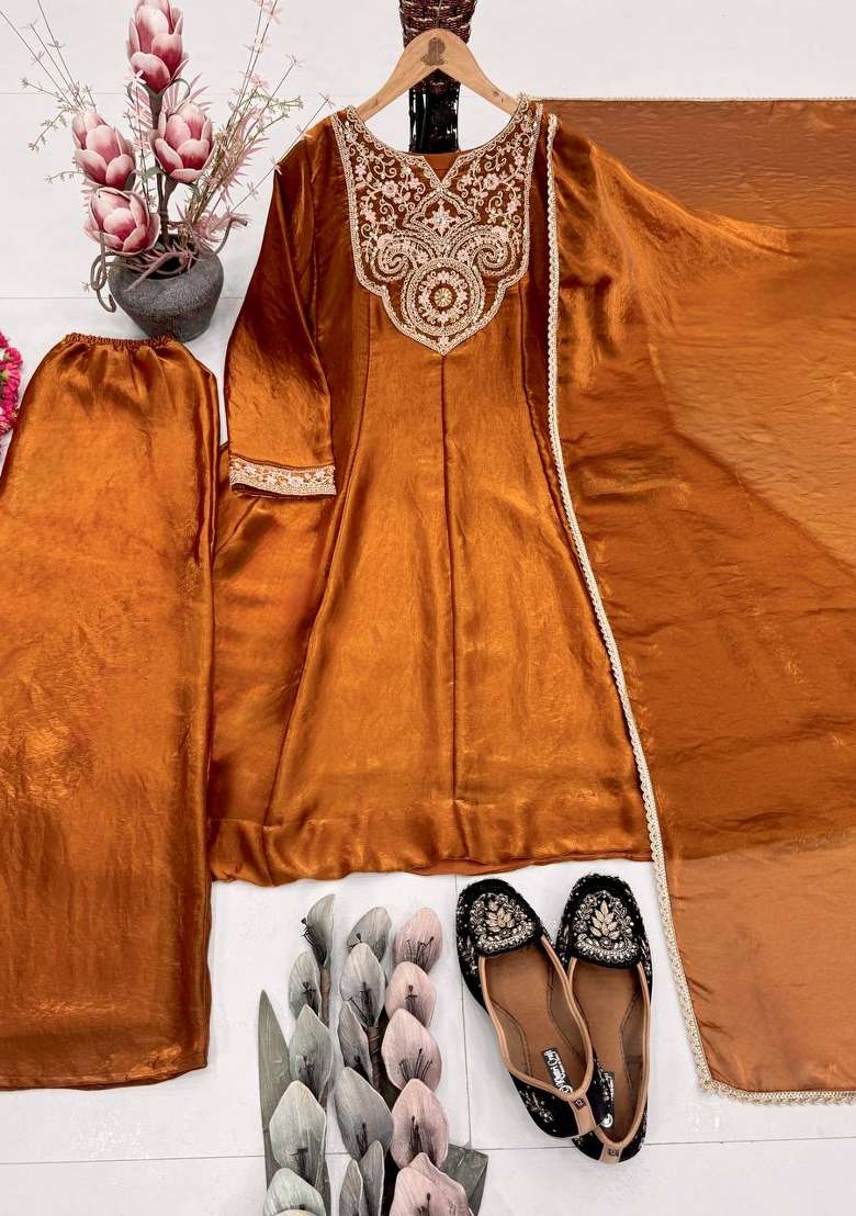Brown Embroidery Silk Salwar Suit - Indya