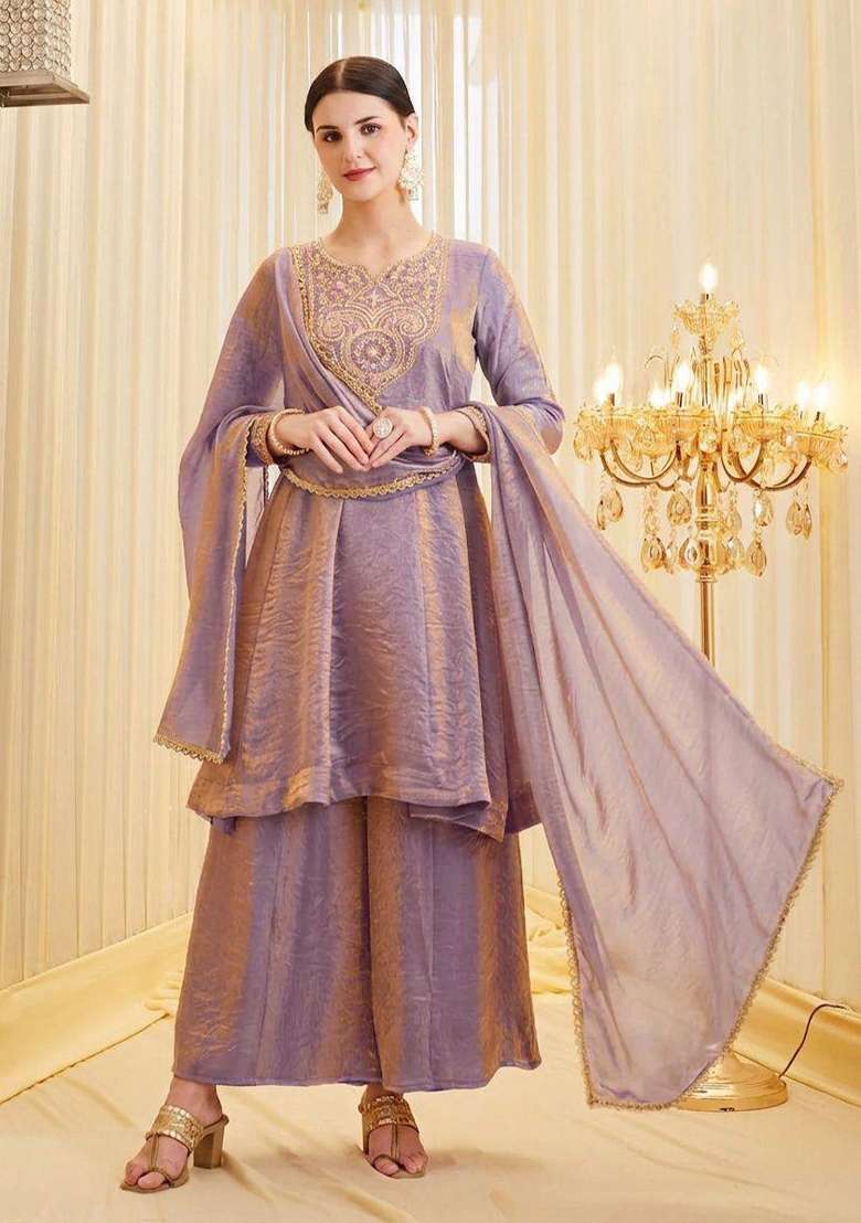 Lavender Embroidery Silk Salwar Suit - Indya