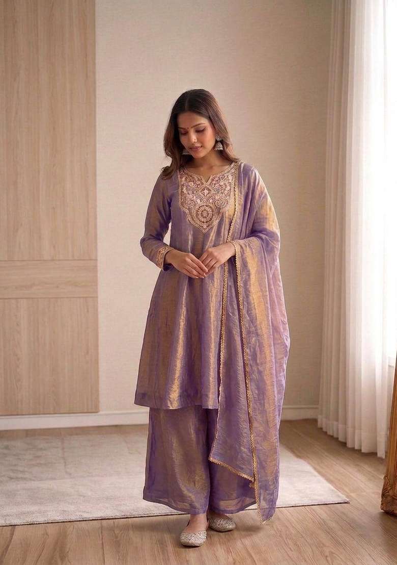 Lavender Embroidery Silk Salwar Suit - Indya