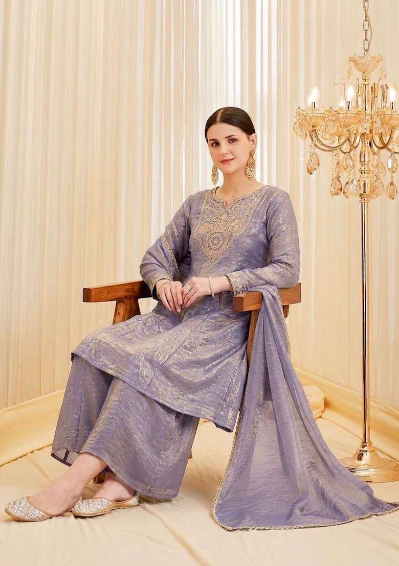 Lavender Embroidery Silk Salwar Suit - Indya