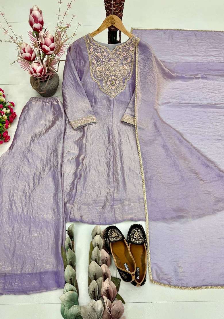 Lavender Embroidery Silk Salwar Suit - Indya