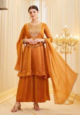Orange Embroidery Silk Salwar Suit
