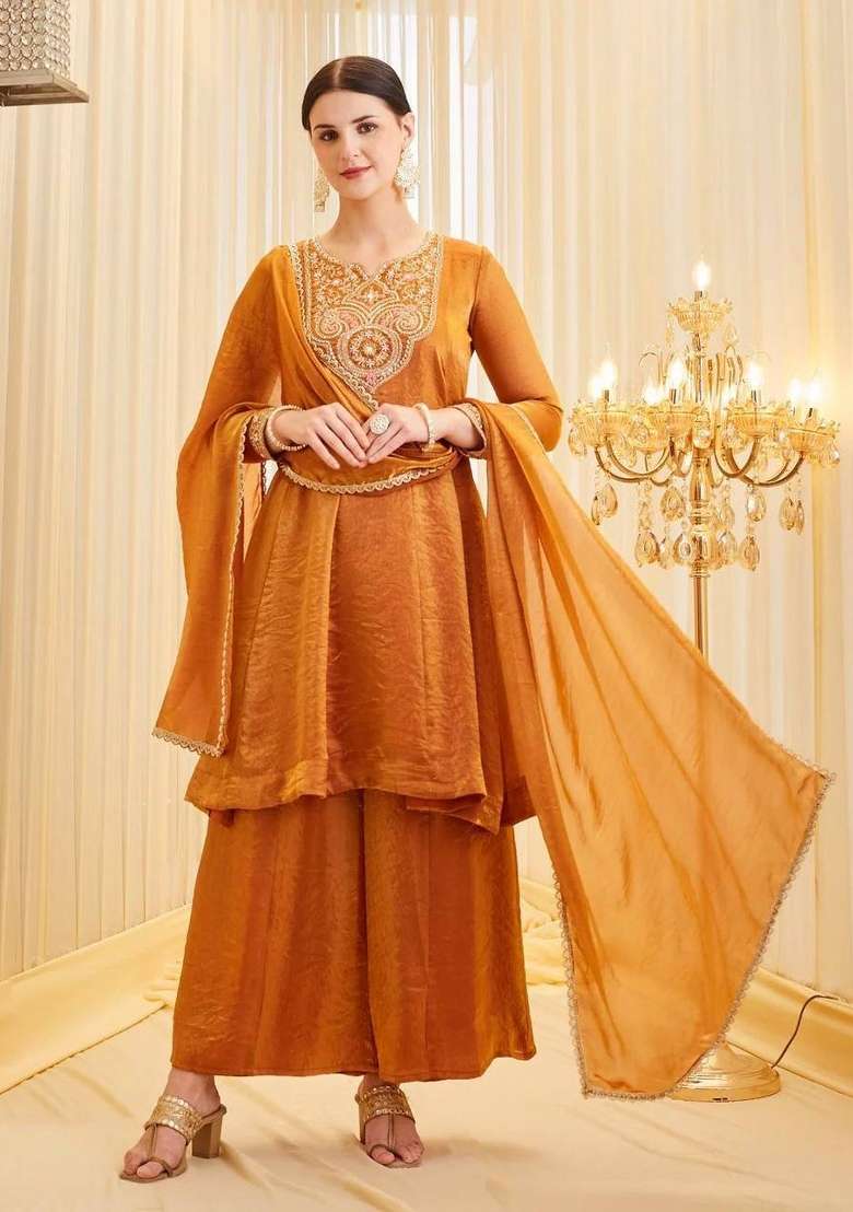 Orange Embroidery Silk Salwar Suit - Indya