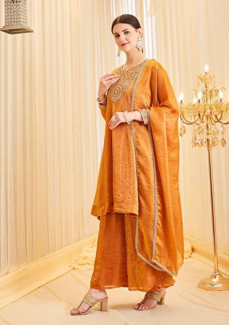 Orange Embroidery Silk Salwar Suit - Indya