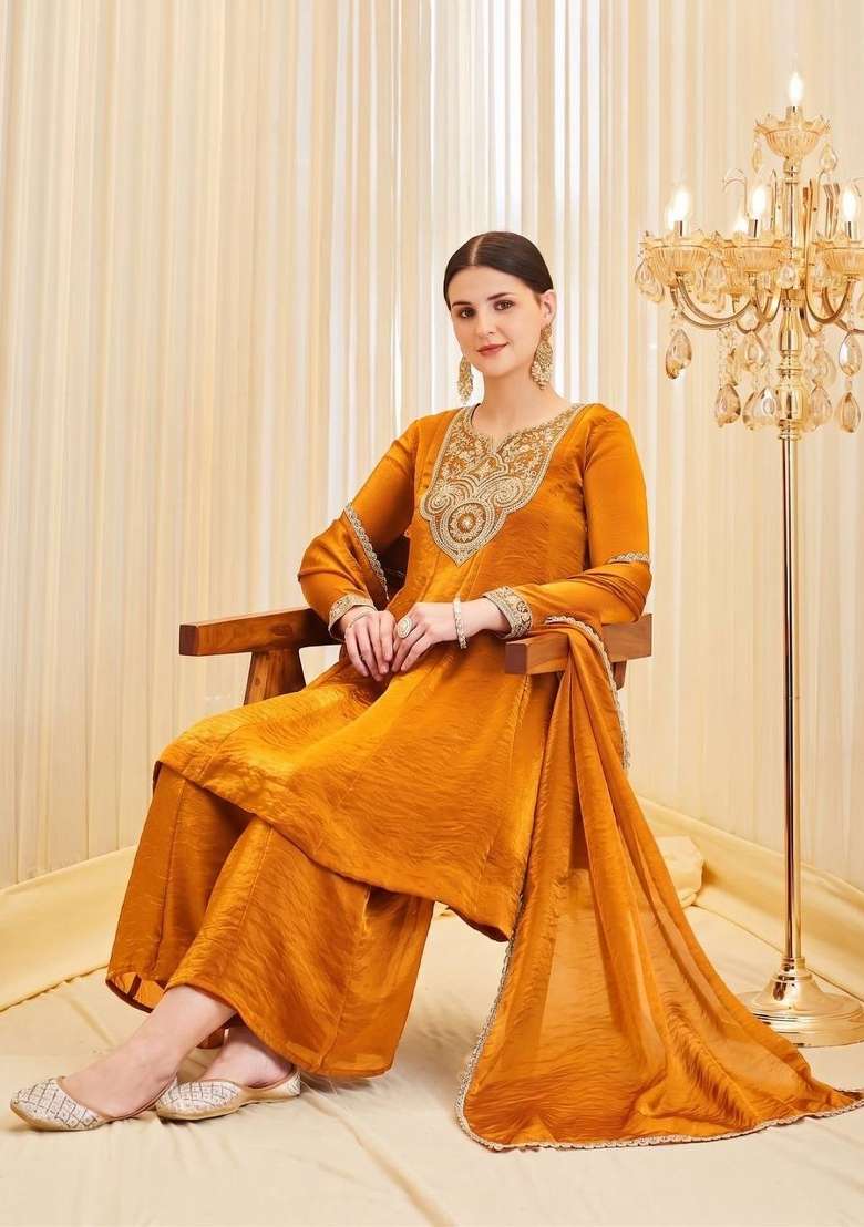 Orange Embroidery Silk Salwar Suit - Indya