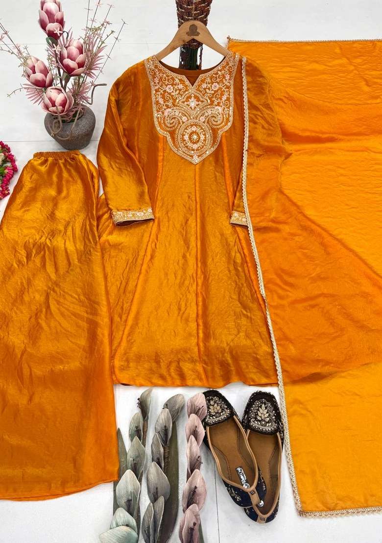 Orange Embroidery Silk Salwar Suit - Indya