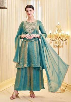 Sky Blue Embroidery Silk Salwar Suit