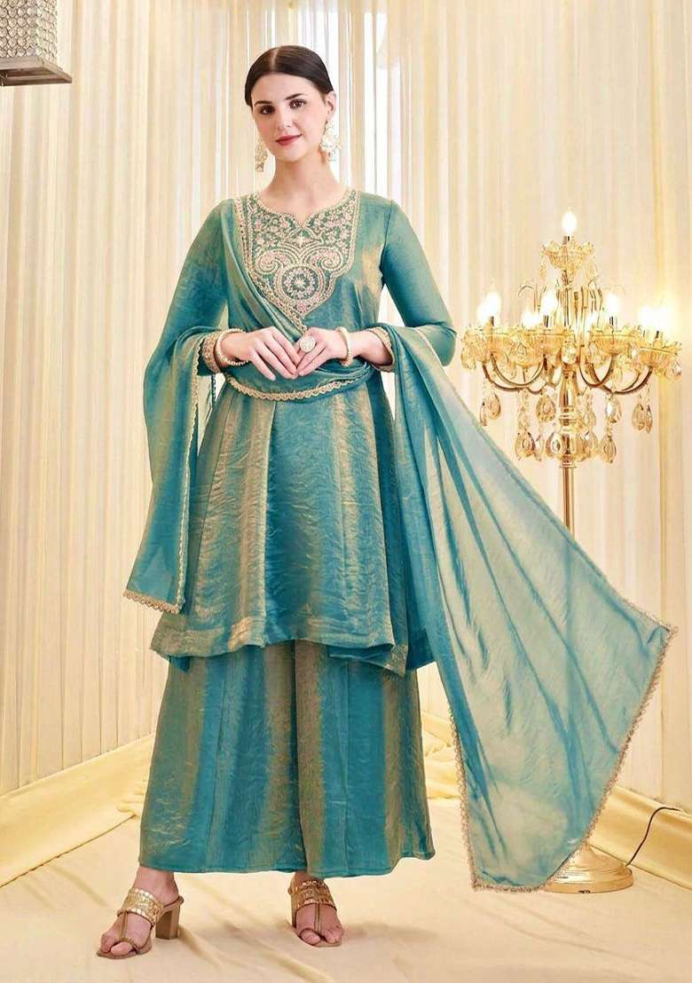 Sky Blue Embroidery Silk Salwar Suit - Indya