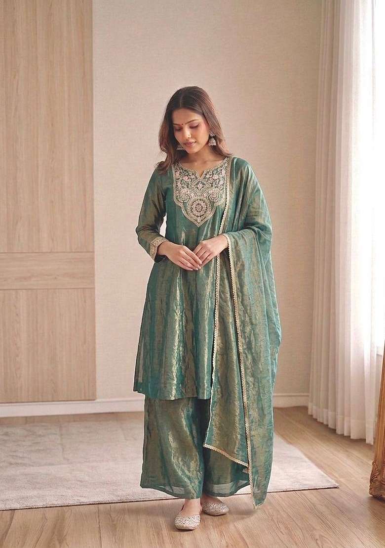 Sky Blue Embroidery Silk Salwar Suit - Indya