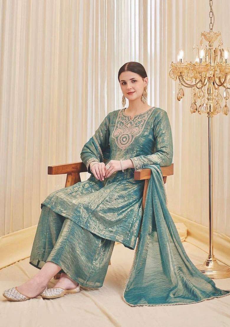 Sky Blue Embroidery Silk Salwar Suit - Indya