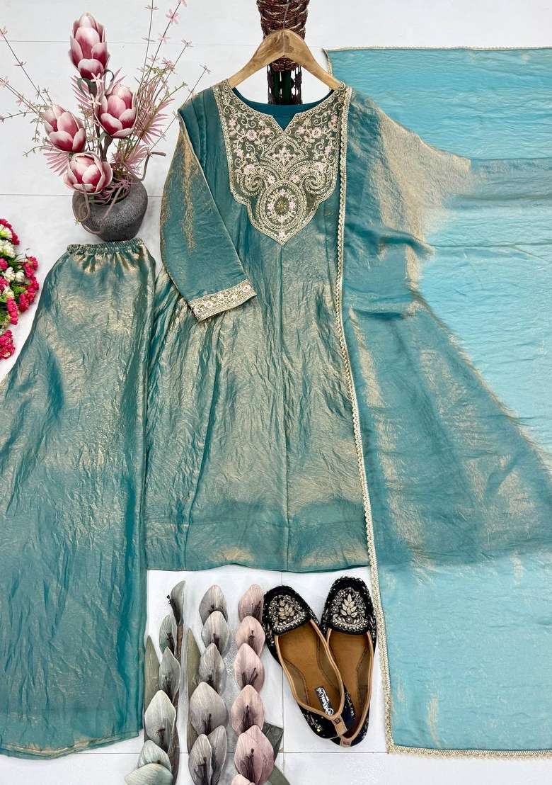 Sky Blue Embroidery Silk Salwar Suit - Indya