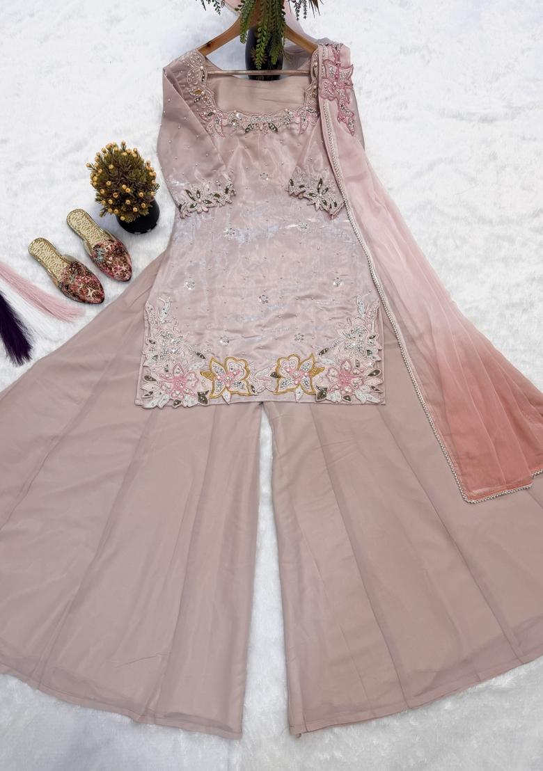 Pink Embroidery Silk Sharara Set - Indya