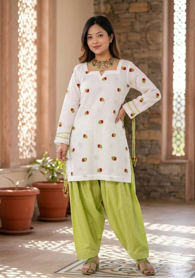White Embroidery Cotton Salwar Suit - Indya