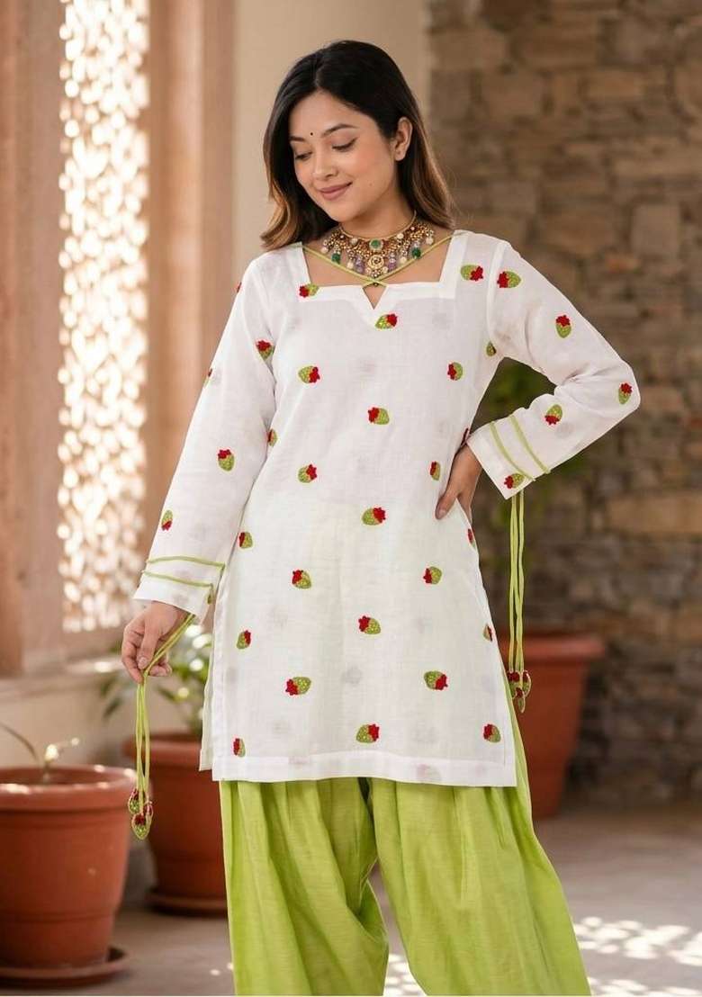 White Embroidery Cotton Salwar Suit - Indya