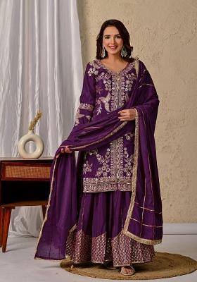 Purple Embroidery Silk Sharara Set