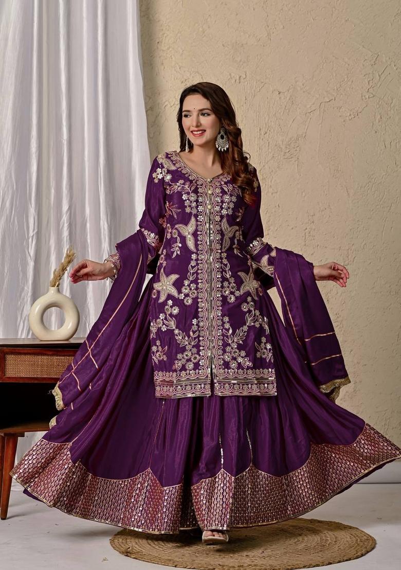 Purple Embroidery Silk Sharara Set - Indya