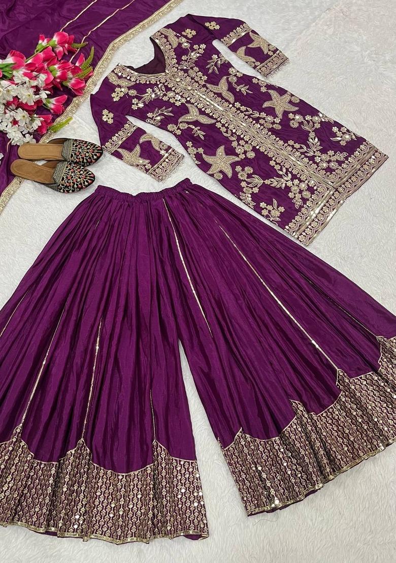 Purple Embroidery Silk Sharara Set - Indya