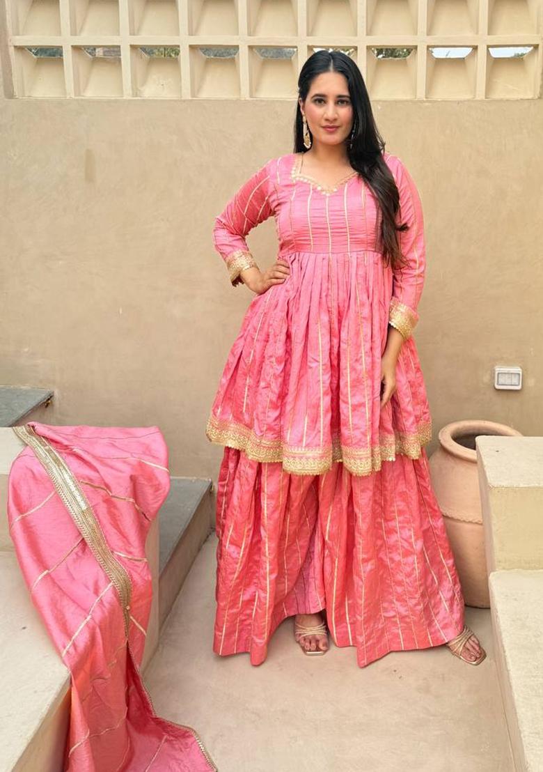 Pink Embroidery Silk Anarkali Set - Indya