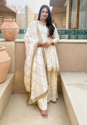 White Embroidery Silk Anarkali Set