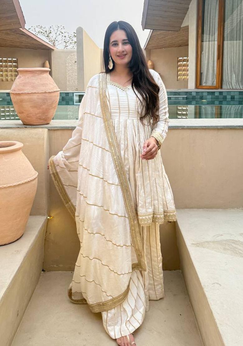 White Embroidery Silk Anarkali Set - Indya