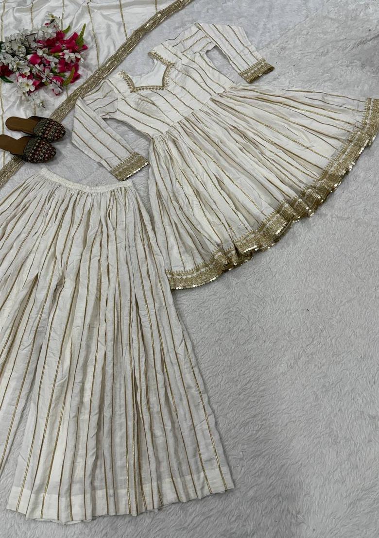 White Embroidery Silk Anarkali Set - Indya
