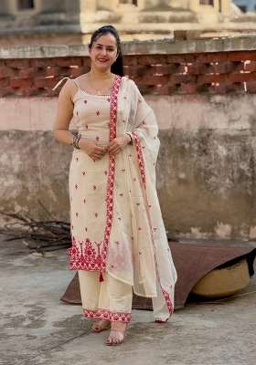 Cream Embroidery Silk Salwar Suit