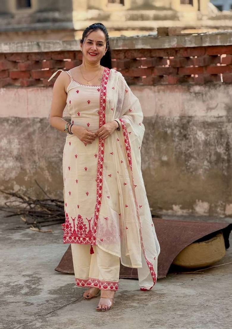 Cream Embroidery Silk Salwar Suit - Indya