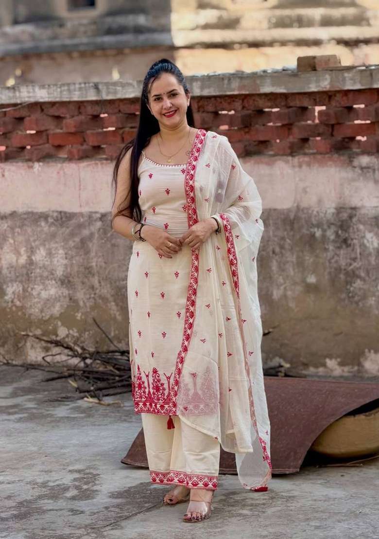 Cream Embroidery Silk Salwar Suit - Indya