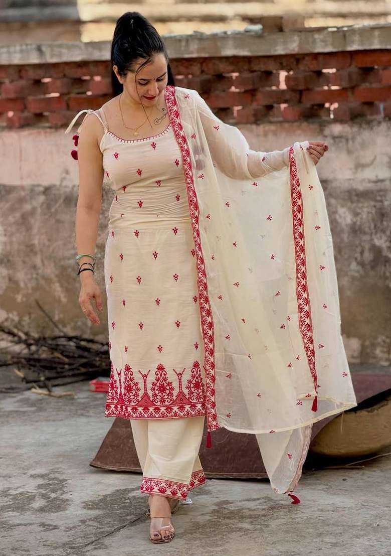 Cream Embroidery Silk Salwar Suit - Indya