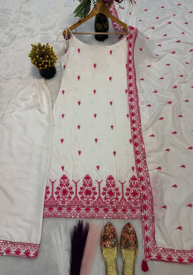 Cream Embroidery Silk Salwar Suit - Indya