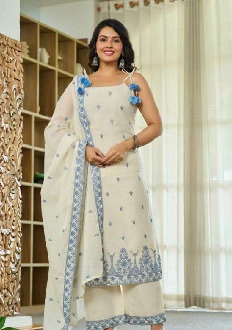 Off White Embroidery Silk Salwar Suit - Indya