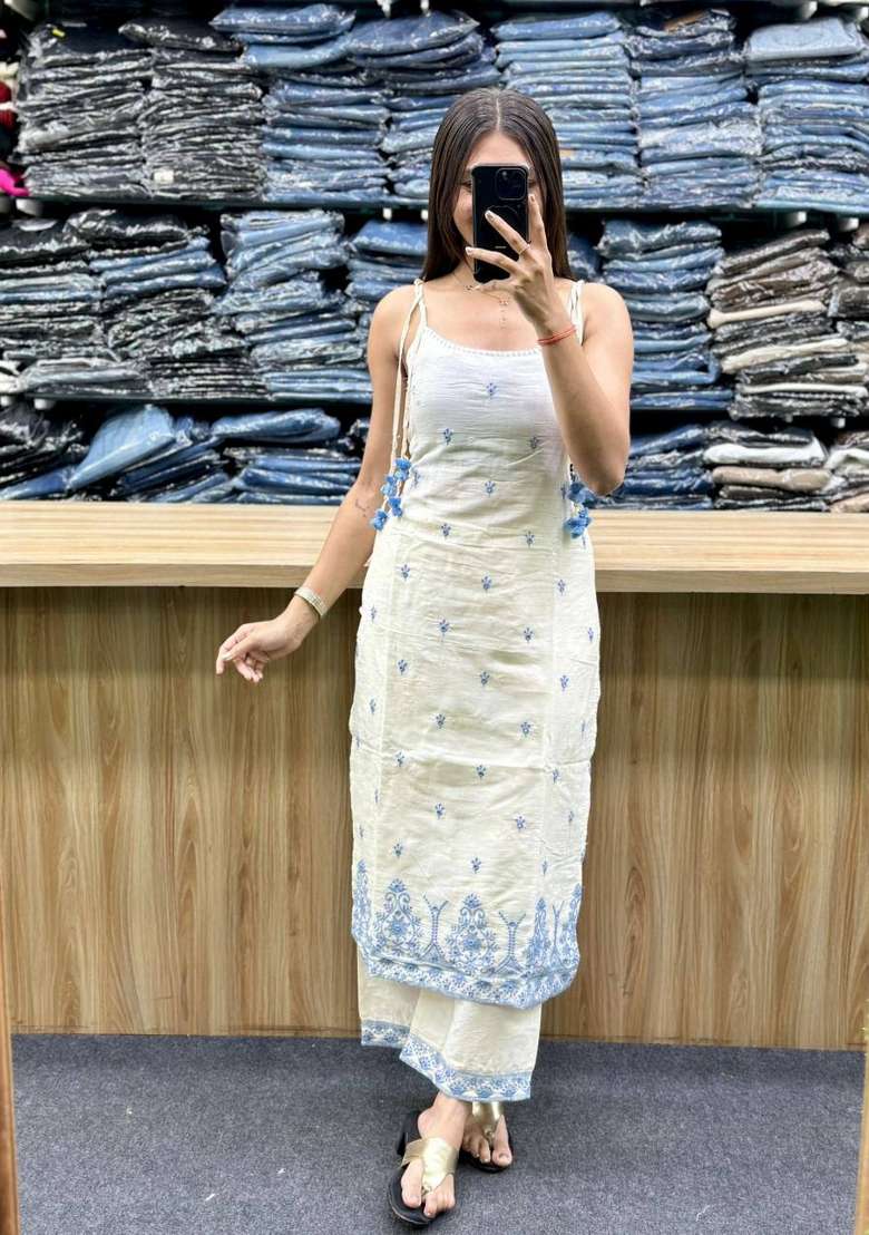 Off White Embroidery Silk Salwar Suit - Indya